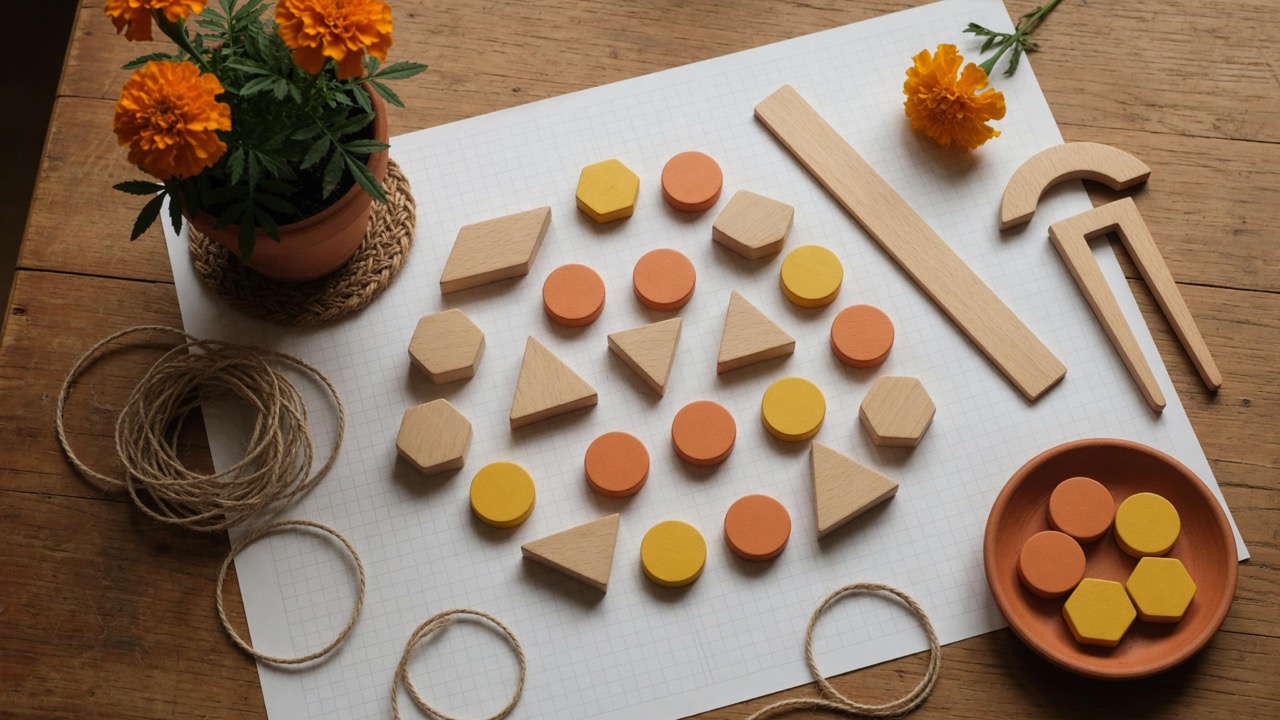 Warm home-learning table with geometric materials